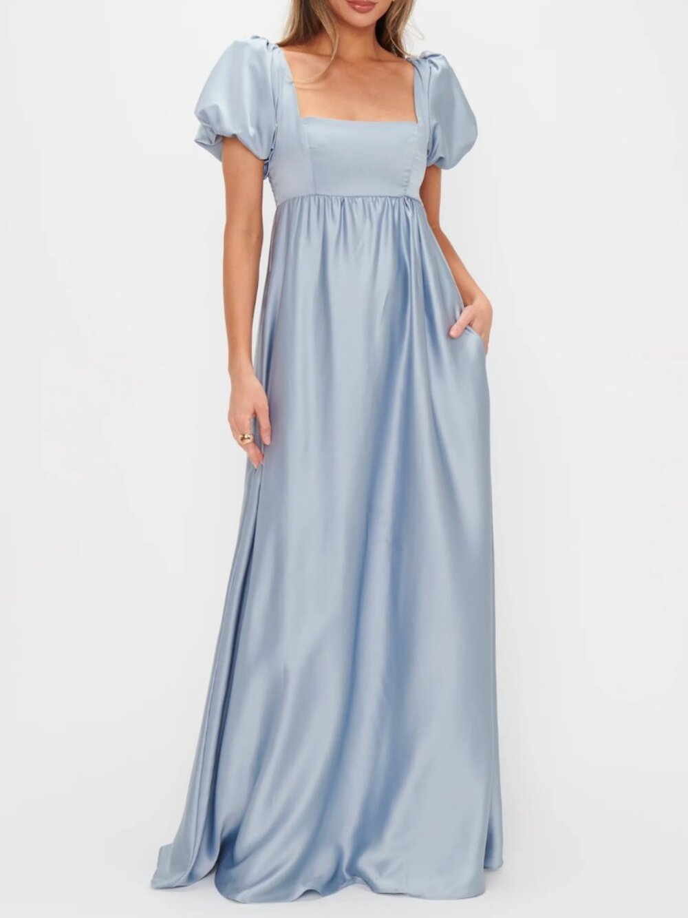 Show Me Your Mumu Nora Luxe Satin Maxi Dress - Steel Blue - size M